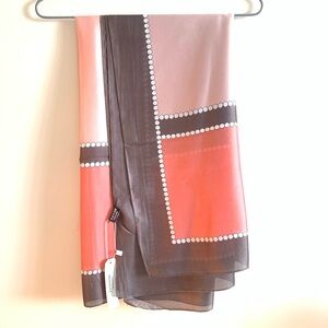 100% Silk Geometric Dot Border Scarf in Coral, Pink & Brown
